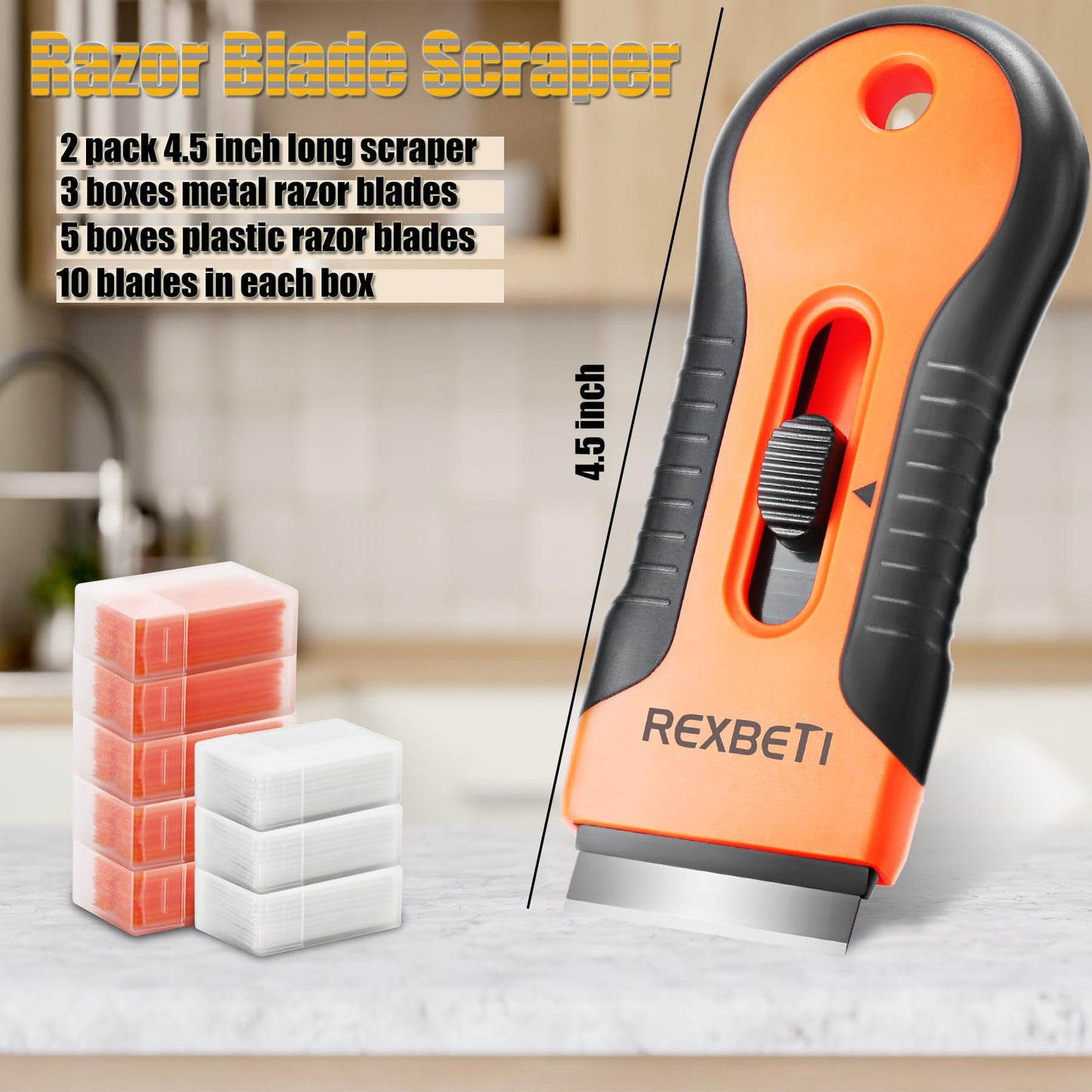 Razor Blade Scraper Tool, 2 Pack Razor Scraper Set with Extra 80Pcs Razor Blades -30Pcs Metal and 50Pcs Plastic Blades, Cleaning Scraper Tool, Cooktop, Paint, Glass Scraper