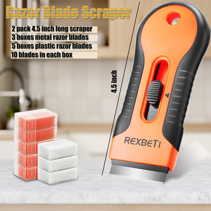 Razor Blade Scraper Tool, 2 Pack Razor Scraper Set with Extra 80Pcs Razor Blades -30Pcs Metal and 50Pcs Plastic Blades, Cleaning Scraper Tool, Cooktop, Paint, Glass Scraper