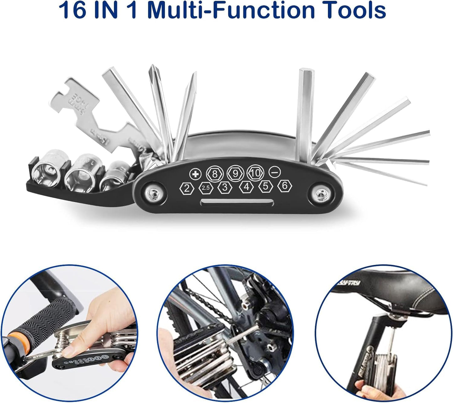 NDakter Bike Repair Kit for Flat Tire Repair, Bicycle Tool Kit Set with Pump Portable for Mountain Road Bike Emergency, Bike Bag with 16 in 1 Multitool and Lever Patch, Accessories for MTB Cycling