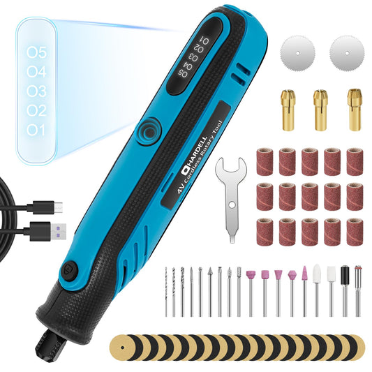 HARDELL Mini Cordless Rotary Tool, 4V Rotary Tool con 5 Speed Display with Type-C Charging, Power Rotary Tool with 69 Accessories for Sanding, Grinding, Engraving, Polishing, Drilling, Cutting, DIY