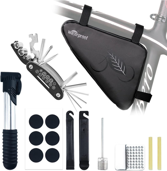 NDakter Bike Repair Kit for Flat Tire Repair, Bicycle Tool Kit Set with Pump Portable for Mountain Road Bike Emergency, Bike Bag with 16 in 1 Multitool and Lever Patch, Accessories for MTB Cycling