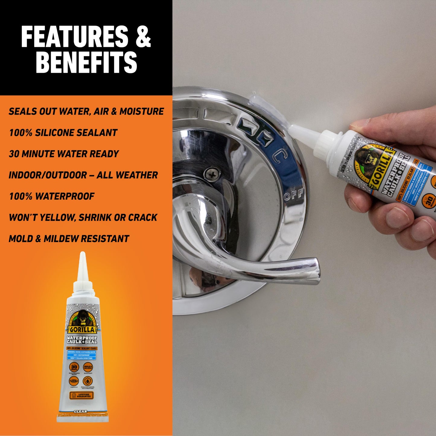 Gorilla 100% Silicone Caulk, Waterproof Sealant, 2.8oz Squeeze Tube (Pack of 2) – Clear -10 Year Mold Resistant Kitchen, Window, Bath, Marine, Door and More