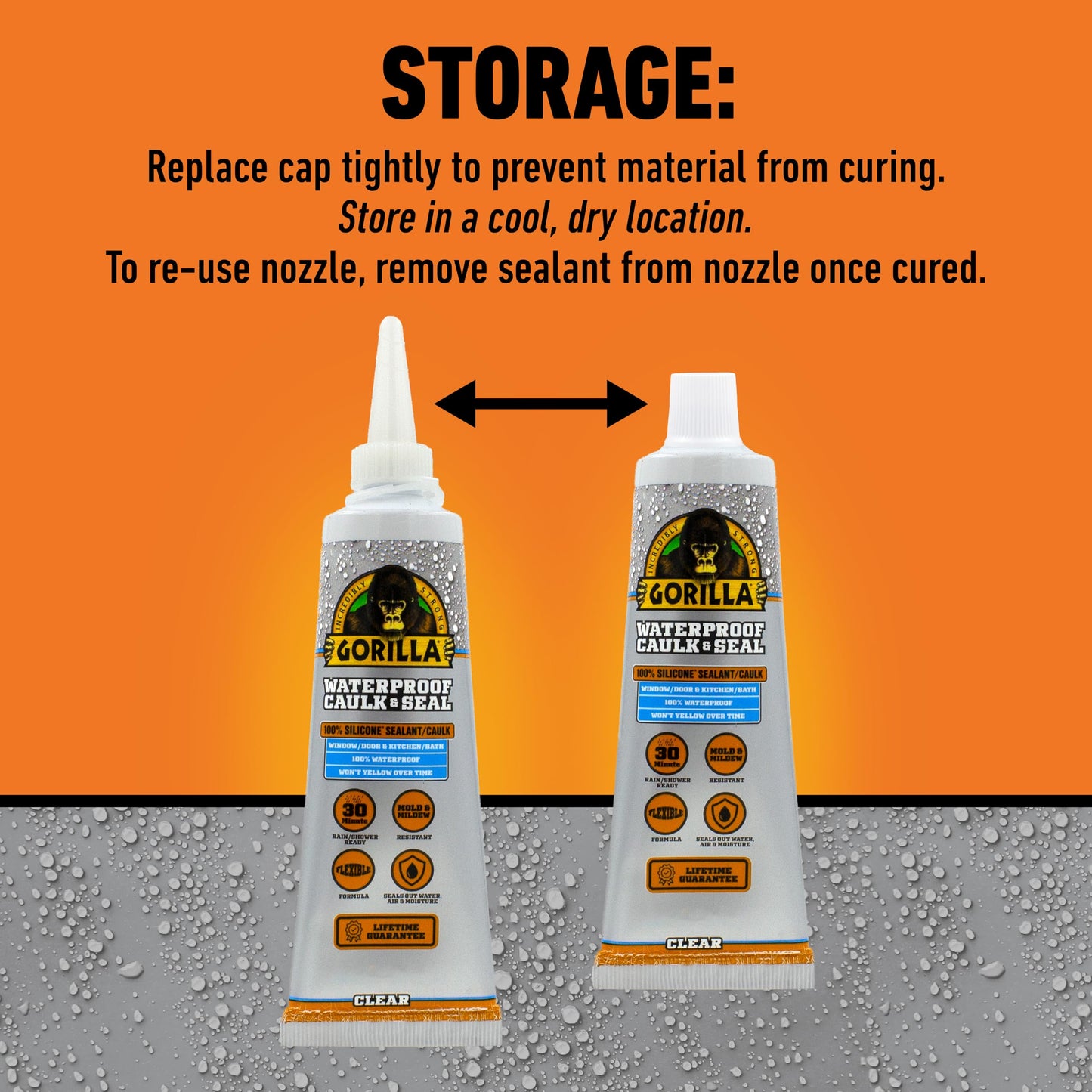 Gorilla 100% Silicone Caulk, Waterproof Sealant, 2.8oz Squeeze Tube (Pack of 2) – Clear -10 Year Mold Resistant Kitchen, Window, Bath, Marine, Door and More