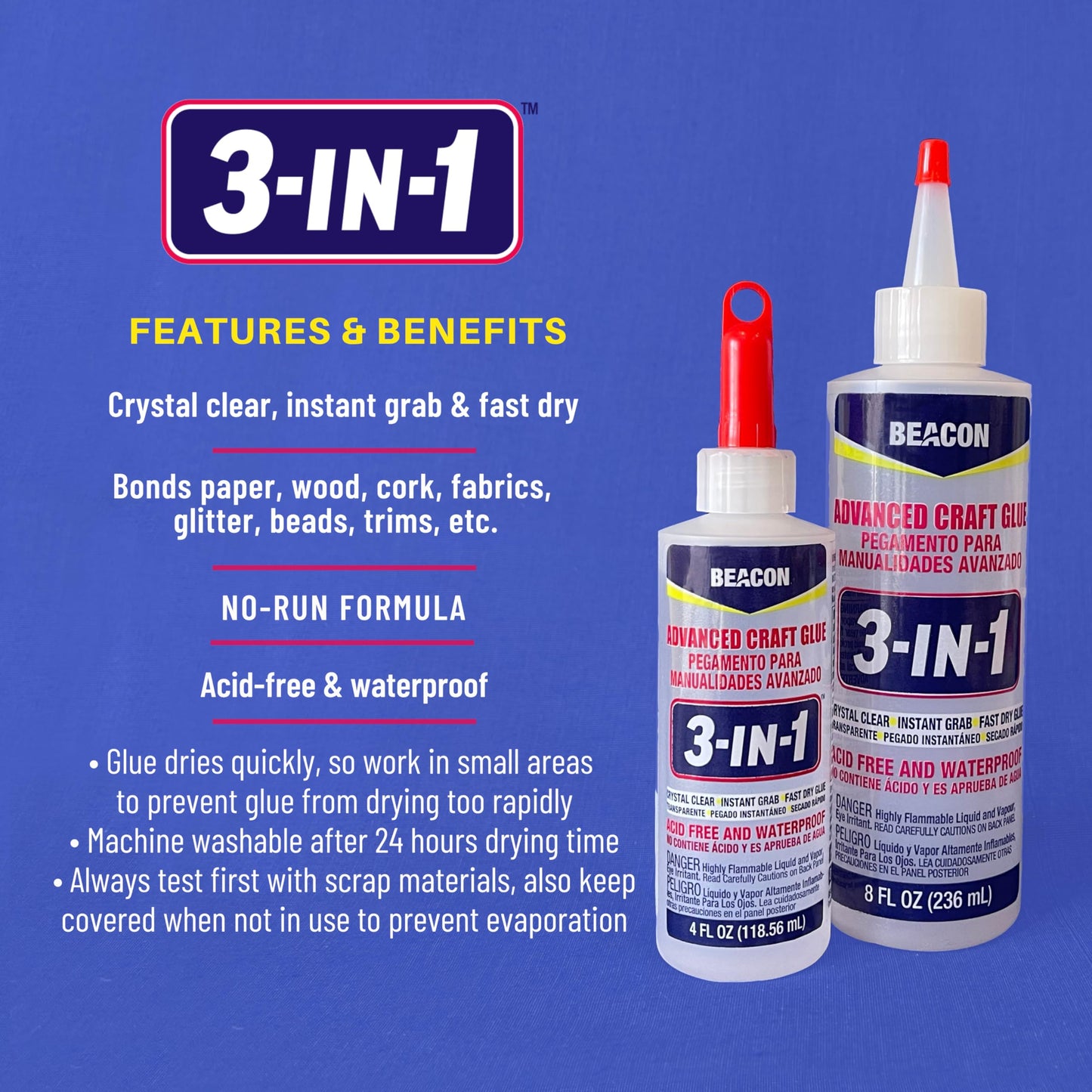 BEACON 3-in-1 Advanced Craft Glue - Fast-Drying, Crystal Clear Adhesive for Wood, Ceramics, Fabrics, and More, 4-Ounce