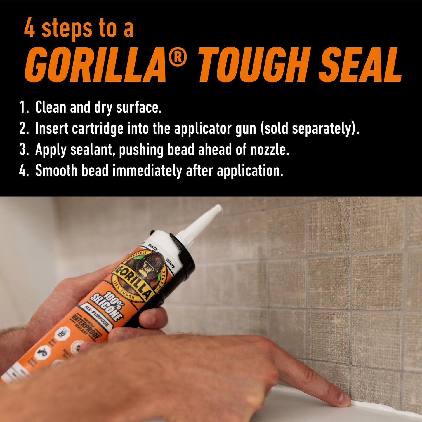Gorilla Waterproof Caulk & Seal Silicone Sealant, 10oz Cartridge (Pack of 1) - White Caulking Sealant for Kitchen, Window, Bath, Marine, Door and More