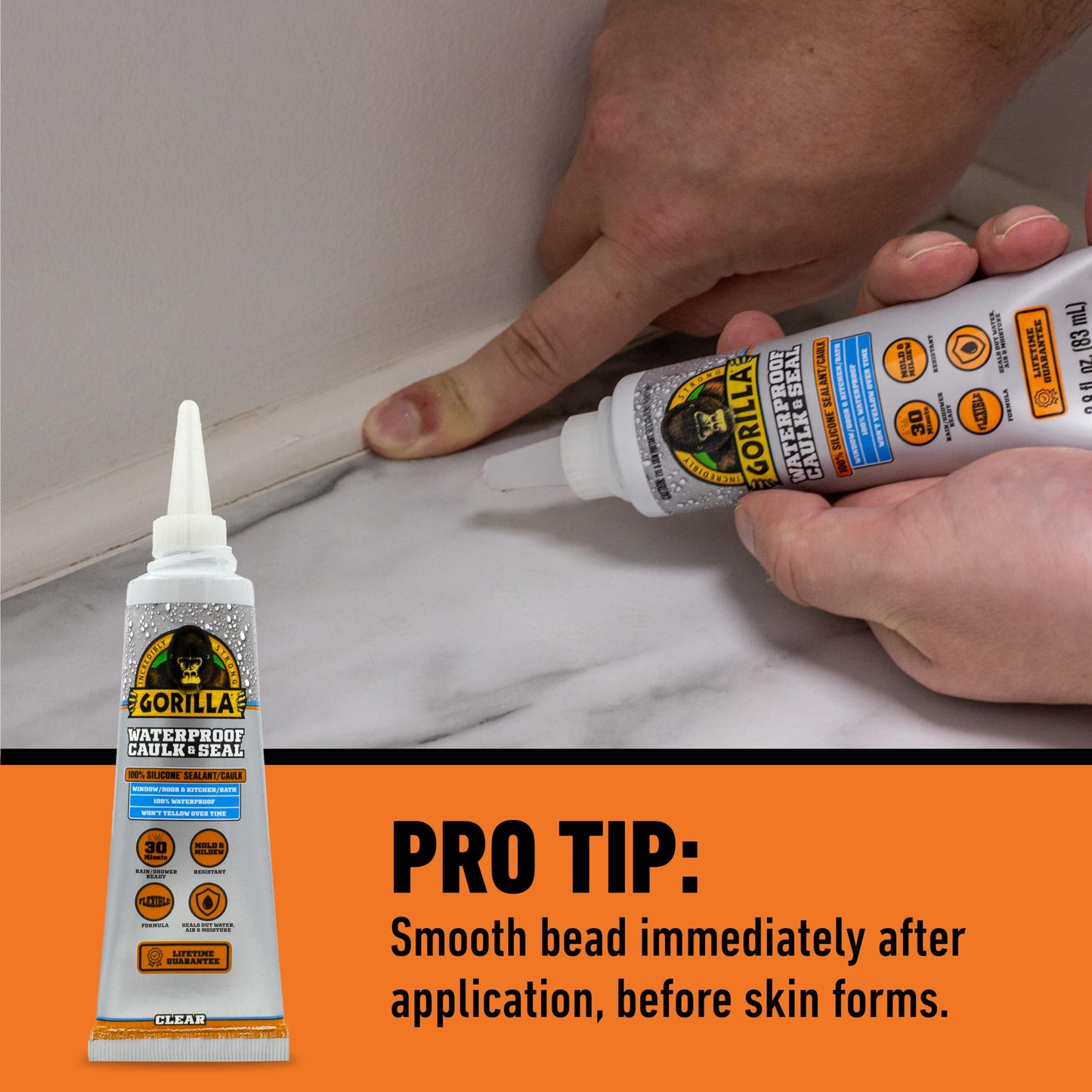 Gorilla 100% Silicone Caulk, Waterproof Sealant, 2.8oz Squeeze Tube (Pack of 2) – Clear -10 Year Mold Resistant Kitchen, Window, Bath, Marine, Door and More
