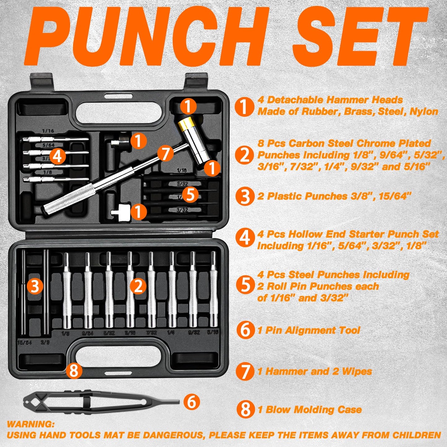 BESTNULE Punch Set, Pin Punches, Punch Tool, Roll Pin Punch Set, Made of High Quality Metal Material Including Punches and Hammer, Mechanical Repair Tool, with Organizer Storage Box (with Bench Block)