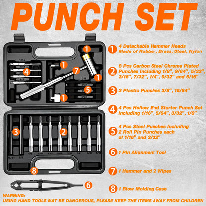 BESTNULE Punch Set, Pin Punches, Punch Tool, Roll Pin Punch Set, Made of High Quality Metal Material Including Punches and Hammer, Mechanical Repair Tool, with Organizer Storage Box (with Bench Block)