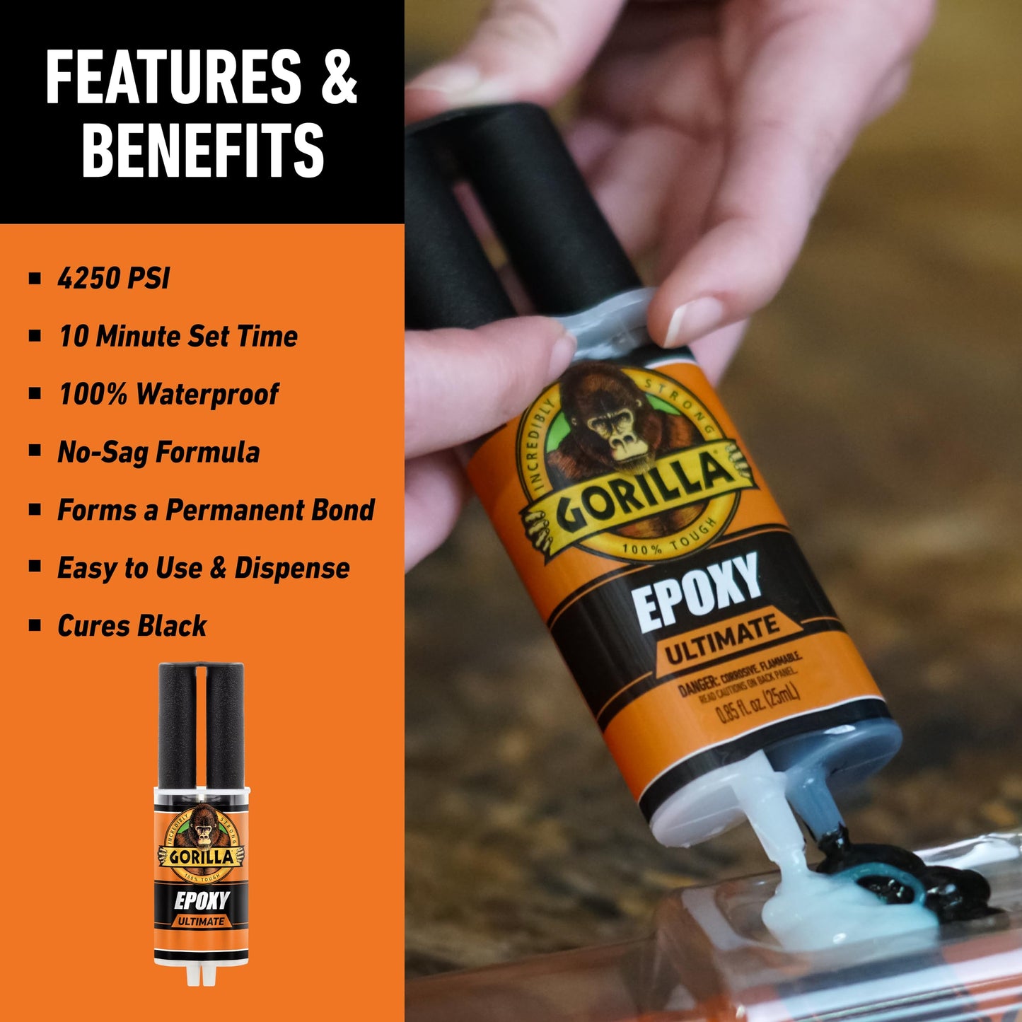 Gorilla Epoxy Ultimate, Waterproof, 10 Minute Set, Permanent Bond, Dries Black, 0.85oz Syringe (Pack of 1)