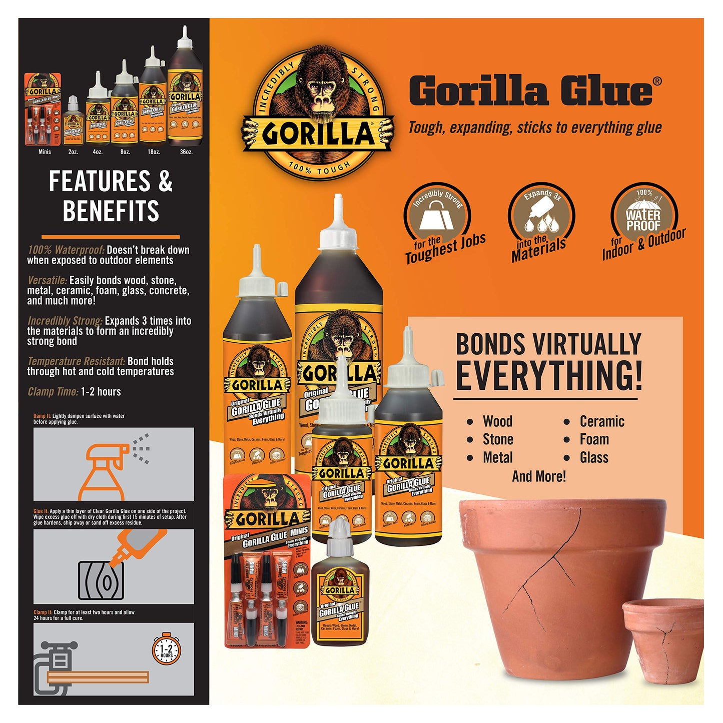 Gorilla Original Gorilla Glue, Waterproof Polyurethane Glue, 2 Ounce Bottle, Brown, (Pack of 1)